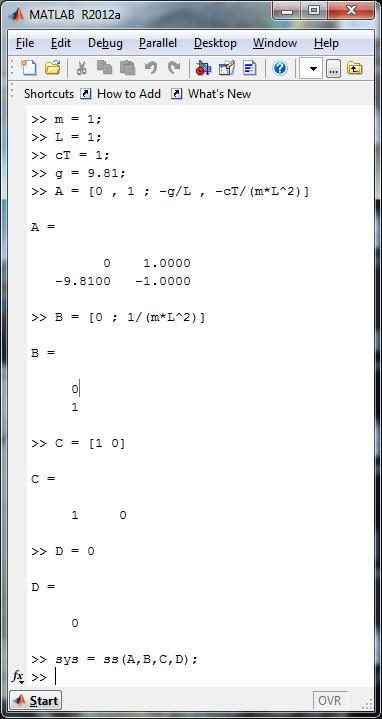 Ορίζοντας το Μοντέλο ενός Γραμμικού Δυναμικού Συστήματος στο MATLAB (συνάρτηση ss) 1. Ορίζουμε τις παραμέτρους του προβλήματος 2.
