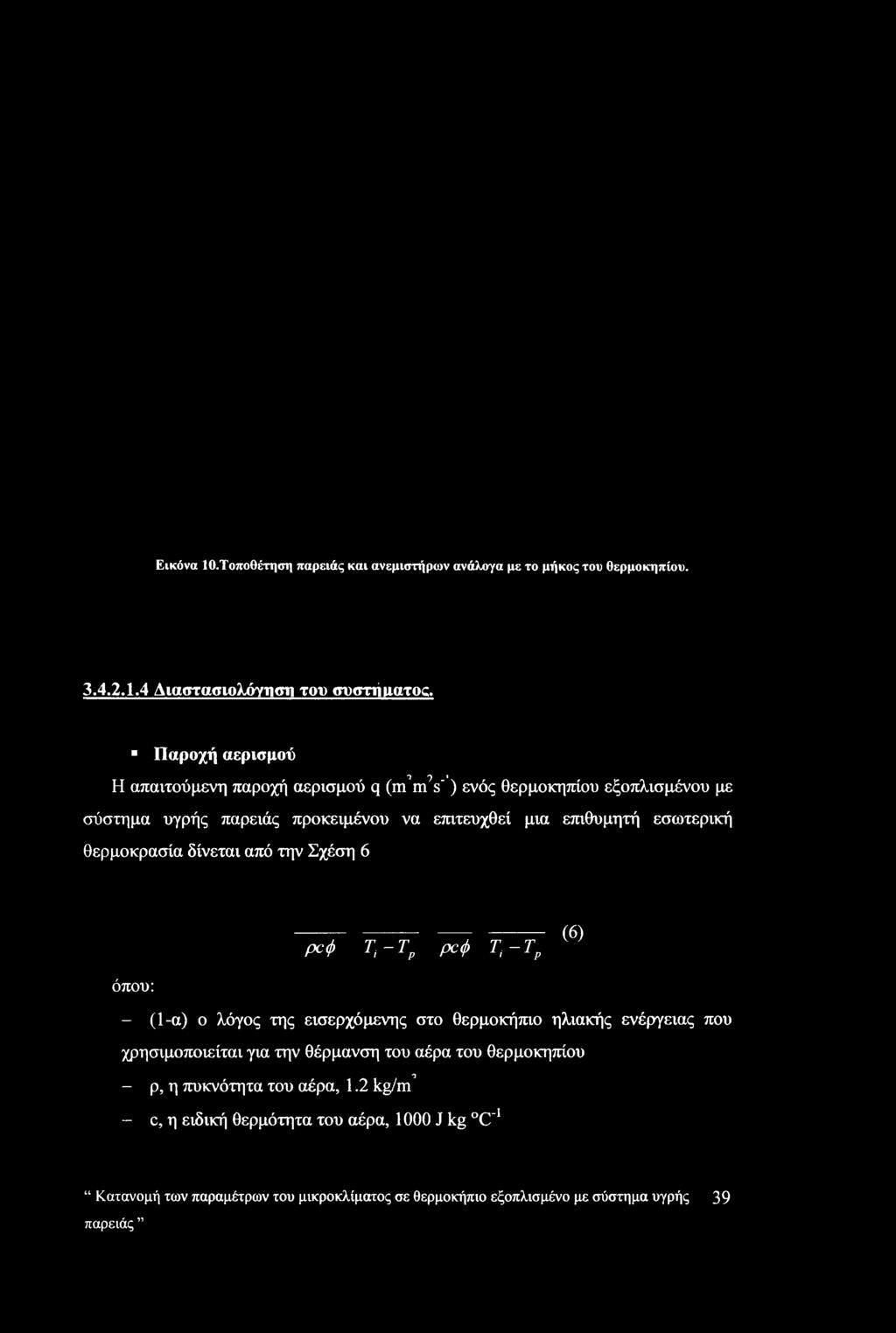 θερμοκρασία δίνεται από την Σχέση 6 ροφ Ti-Tp ροφ Ti-Tp {6) όπου: - (1-α) ο λόγος της εισερχόμενης στο θερμοκήπιο ηλιακής ενέργειας που χρησιμοποιείται για την