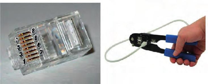 Εικ. 5.2. Βύσμα RJ45 (8P8C) και πρέσα για βύσματα RJ45. Η διάταξη των καλωδίων συνεστραμμένων ζευγών μέσα στο βύσμα δεν είναι τυχαία, αλλά ακολουθεί συγκεκριμένη σειρά.