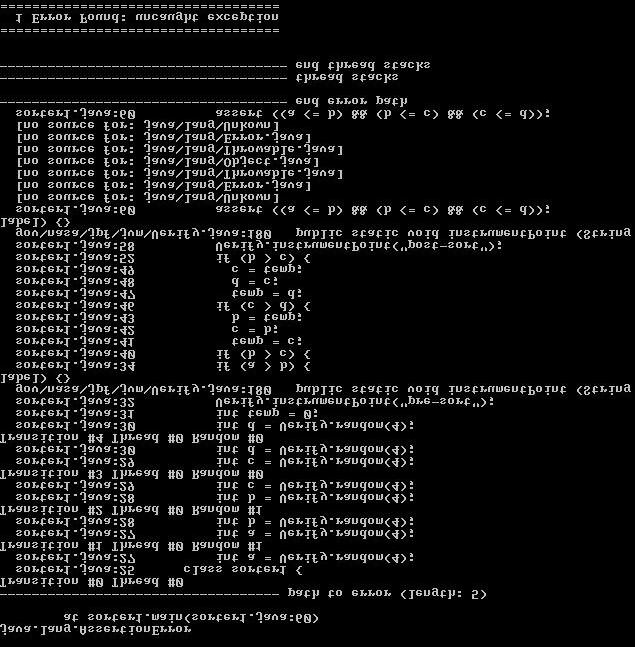 Σχ. 5.9 >jpf sorter1 Όπως φαίνεται στο σχήμα 5.9 βρέθηκε ένα σφάλμα, τύπου uncaught exception, στο πρόγραμμα sorter1. Το JPF εμφανίζει ένα μονοπάτι εκτέλεσης που οδήγησε στο σφάλμα.