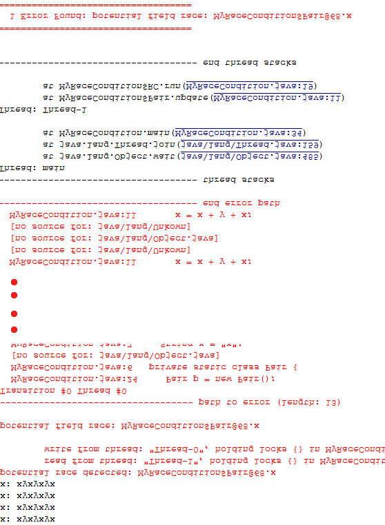 Σχ. 5.30 MyRaceCondition execution result (configured properties) Όπως φαίνεται, με τις νέες ρυθμίσεις του JPF, το σφάλμα βρέθηκε επιτυχώς.