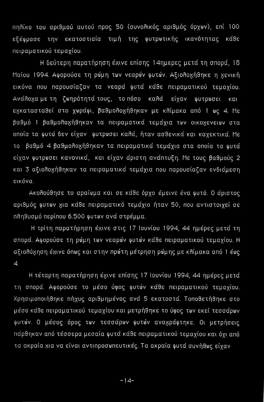 Ανάλογα με τη ζωηρότητά τους, το πόσο καλά είχαν φυτρώσει και εγκατασταθεί στο χωράφι, βαθμολογήθηκαν με κλίμακα από 1 ως 4.