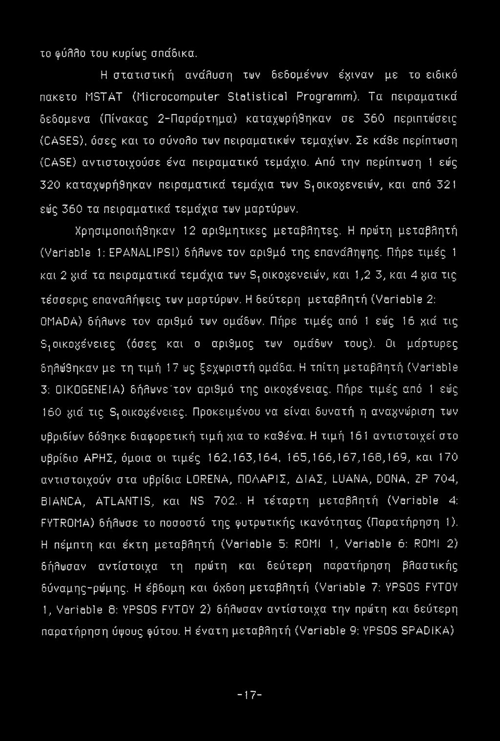 Από την περίπτωση 1 εώς 320 καταχωρήθηκαν πειραματικά τεμάχια των S1 οικογενειών, και από 321 εώς 360 τα πειραματικά τεμάχια των μαρτύρων. Χρησιμοποιήθηκαν 12 αριθμητικές μεταβλητές.
