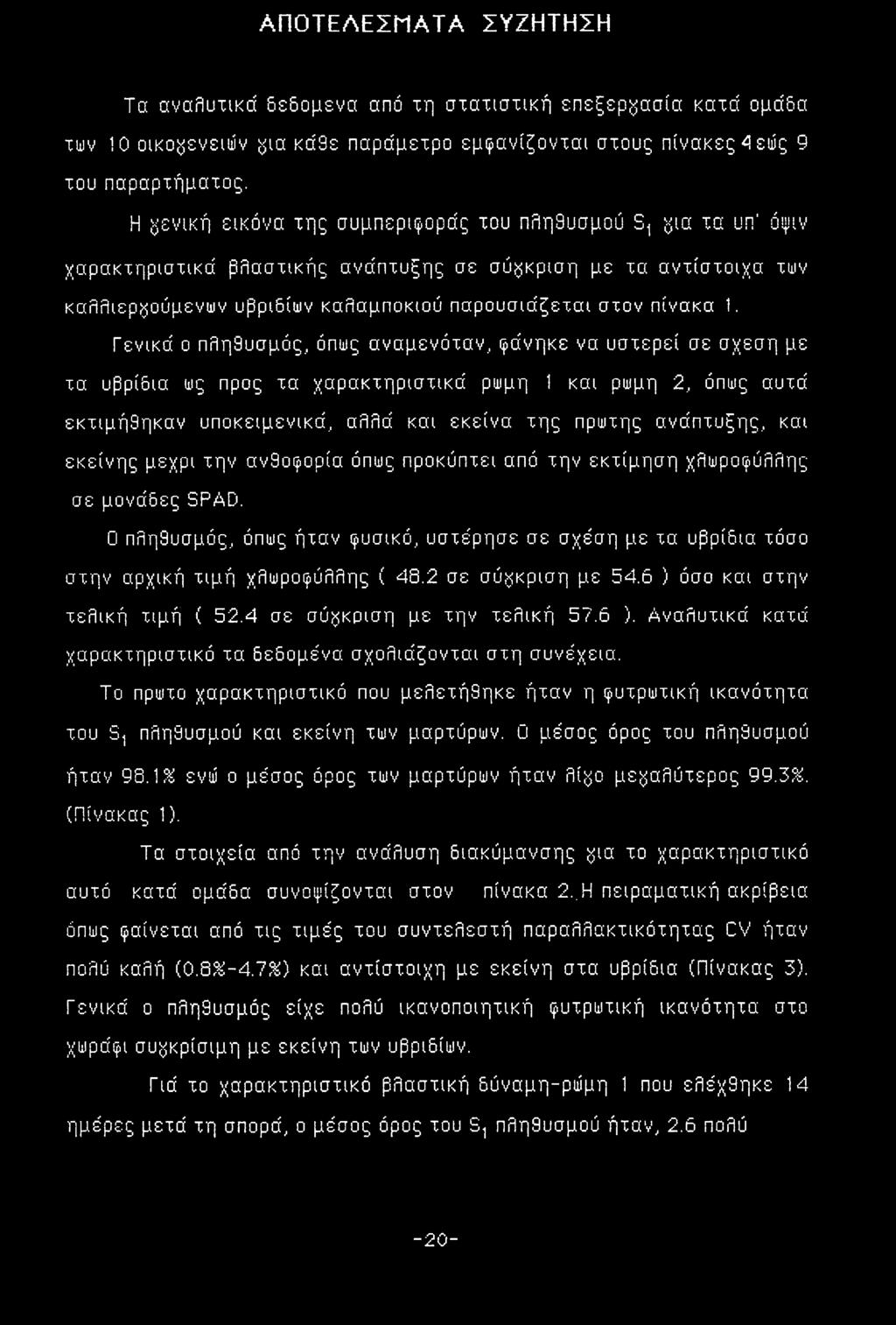 Γενικά ο πληθυσμός, όπως αναμενόταν, φάνηκε να υστερεί σε σχέση με τα υβρίδια ως προς τα χαρακτηριστικά ρώμη 1 και ρώμη 2, όπως αυτά εκτιμήθηκαν υποκειμενικά, αλλά και εκείνα της πρώτης ανάπτυξης,
