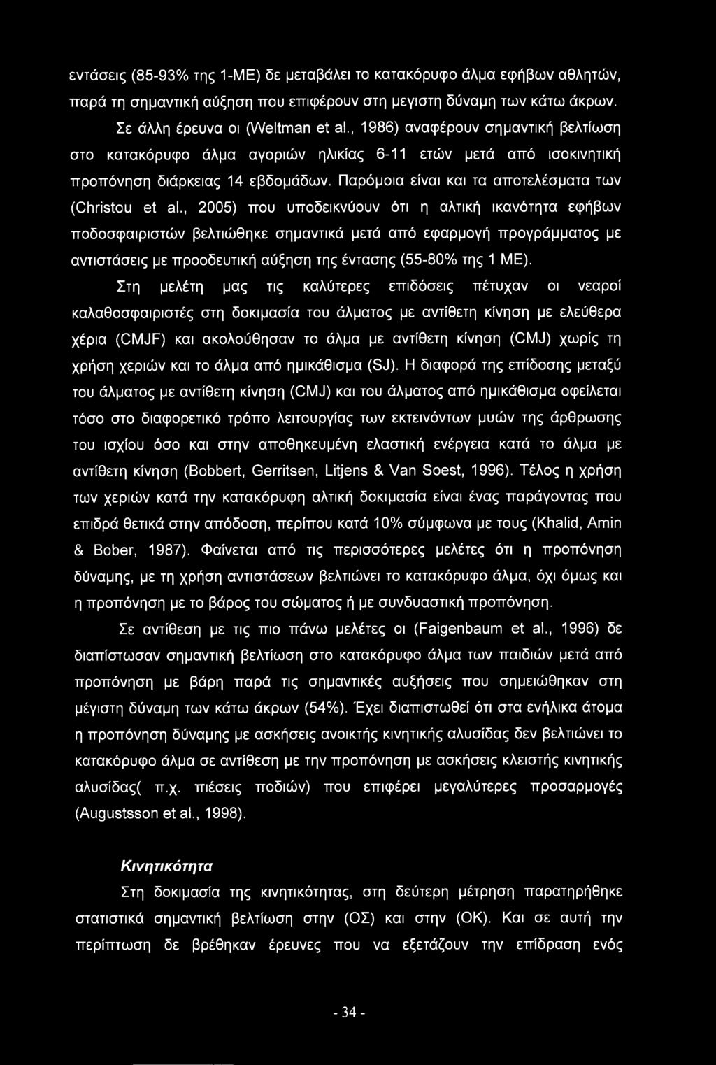 , 2005) που υποδεικνύουν ότι η αλτική ικανότητα εφήβων ποδοσφαιριστών βελτιώθηκε σημαντικά μετά από εφαρμογή προγράμματος με αντιστάσεις με προοδευτική αύξηση της έντασης (55-80% της 1 ΜΕ).