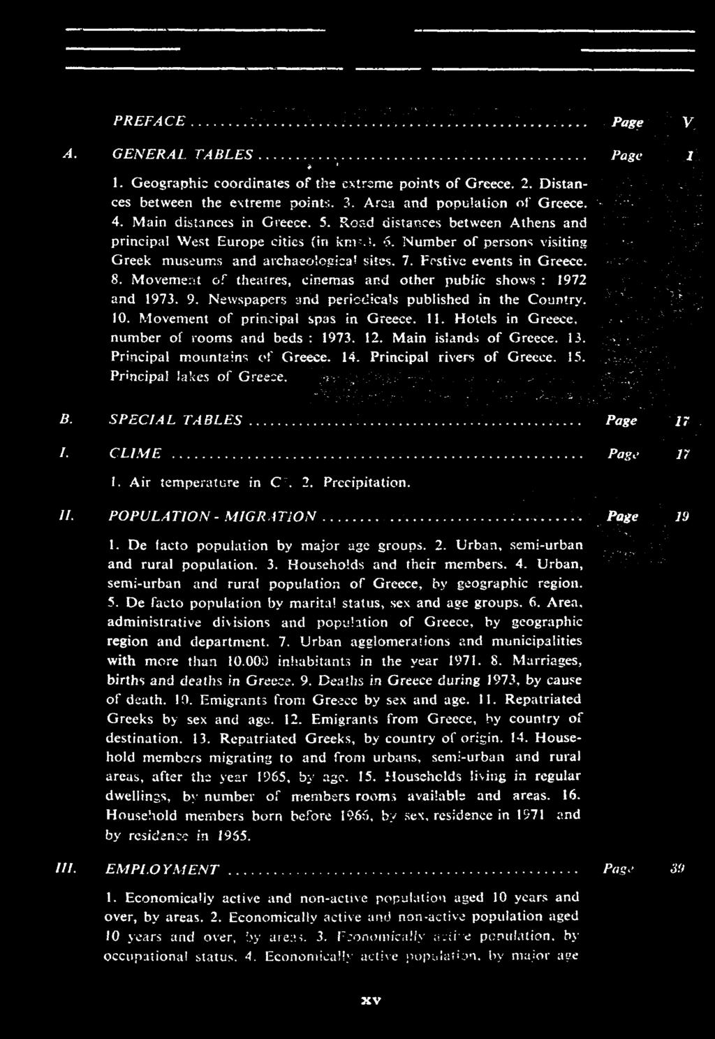 PREFACE Page V A. GENERAL TABLES Page 1 1. Geographic coordinaies of the extreme points of Greece. 2. Distances between the extreme points. 3. Area and population of Greece. 4.