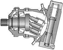 Fig. 3.35. Pompă cu tambur port-pistoane înclinat cu volum reglabil. La majoritatea pompelor cu pistonaşe axiale, aspiraţia şi refularea se realizează printr-o oglindă de distribuţie, figura 3.