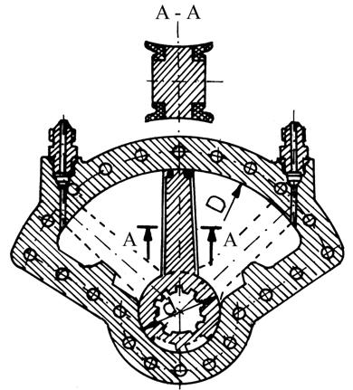 Fig. 3.50. Motor hidraulic oscilant cu paletă. O altă variantă de motoare hidraulice oscilante sunt cele cu mecanism şurub-piuliţă, figura 3.51.