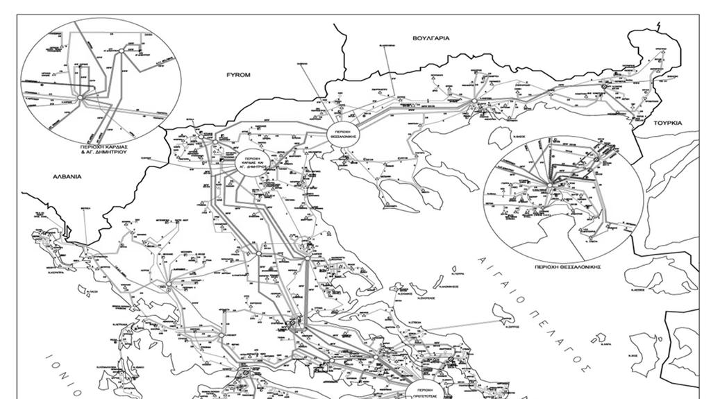 Σχ. 1.1: Ελληνικό Διασυνδεδεμένο Σύστημα μονάδων παραγωγής στο Νότιο σύστημα, της ένταξης πυκνωτών αντιστάθμισης και της διεσπαρμένης παραγωγής [8].