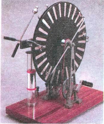 Η μηχανή με την περιστροφή των δύο δίσκων, αναπτύσσει αντίθετα ηλεκτρικά φορτία, τα οποία αποθηκεύονται σε δύο φιάλες-πυκνωτές (τύπου Leyden). Εικ. 1.5.51.