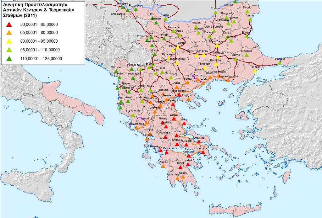 Η απουσία αυτοκινητοδρόμων φαίνεται να επηρεάζει σημαντικά τη δυνητική προσπελασιμότητα των υπόλοιπων περιφερειών με τις χαμηλότερες τιμές του δείκτη να αντιστοιχούν στις πόλεις Peshkopa της Αλβανίας