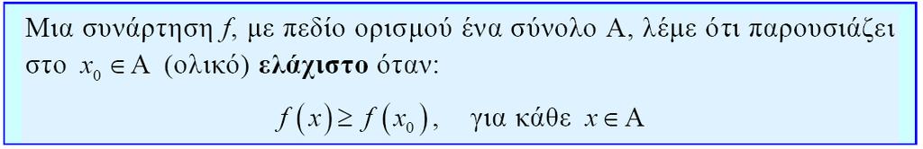 Ελάχιστο και Μέγιστο Συνάρτησης Ορισμός Το λέγεται θέση ελαχίστου Το f( ) λέγεται ολικό