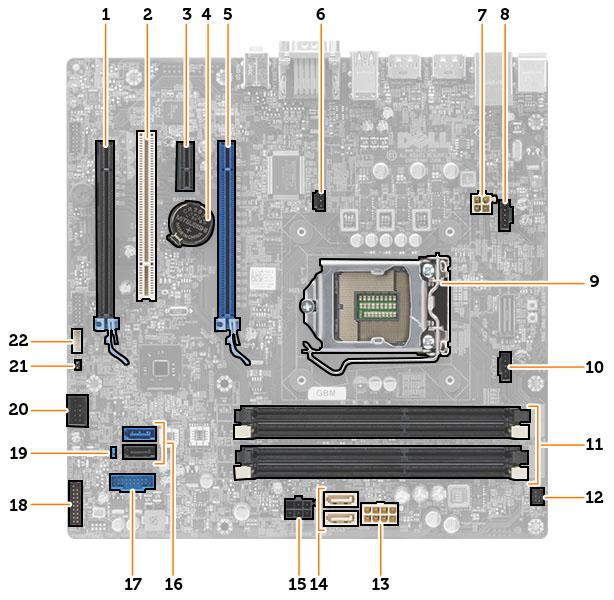 Εξαρτήματα πλακέτας συστήματος Αριθμός 1. Εξαρτήματα της πλακέτας συστήματος 1. υποδοχή PCI Express x16 (συρματωμένη ως x4) 2. υποδοχή PCI 3. υποδοχή κάρτας PCIe x1 4. μπαταρία σε σχήμα νομίσματος 5.
