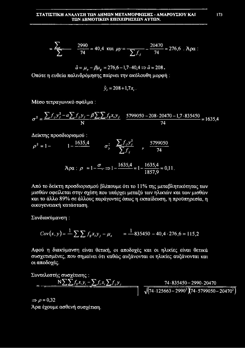 σ2 = Y j f j y ) - a L f j y j - ß Y L f a i y j 5799050-2 0 8-20470- 1,7-835450 Ν 74 = 1635,4 Δείκτης προσδιορισμού :, 1635,4, ρ2 = 1-1 σ; ^ 5 7 9 9 0 5 0 Σ/y 4 σ Άρα : ρ = 1 r-=> 1-1635,4, 1635,4 =