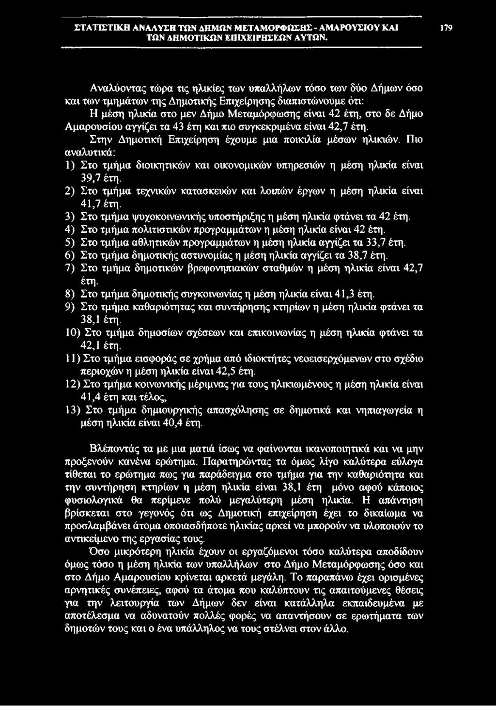 Πιο αναλυτικά: 1) Στο τμήμα διοικητικών και οικονομικών υπηρεσιών η μέση ηλικία είναι 39.7 έτη. 2) Στο τμήμα τεχνικών κατασκευών και λοιπών έργων η μέση ηλικία είναι 41.7 έτη. 3) Στο τμήμα ψυχοκοινωνικής υποστήριξης η μέση ηλικία φτάνει τα 42 έτη.