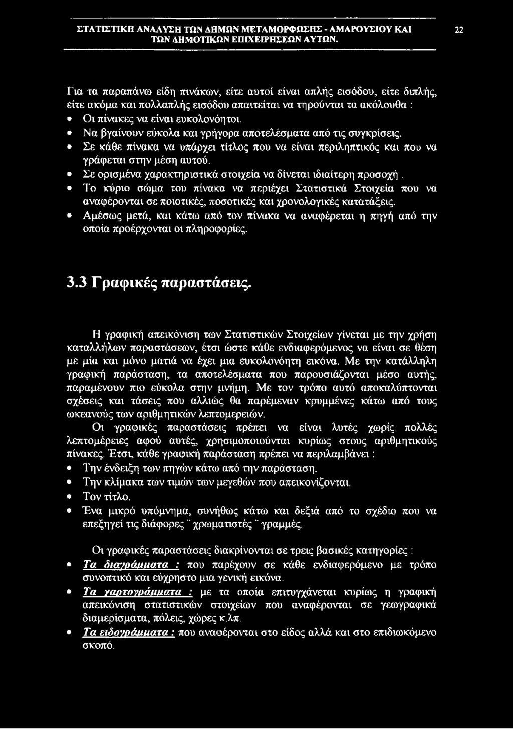 Σε ορισμένα χαρακτηριστικά στοιχεία να δίνεται ιδιαίτερη προσοχή. Το κύριο σώμα του πίνακα να περιέχει Στατιστικά Στοιχεία που να αναφέρονται σε ποιοτικές, ποσοτικές και χρονολογικές κατατάξεις.