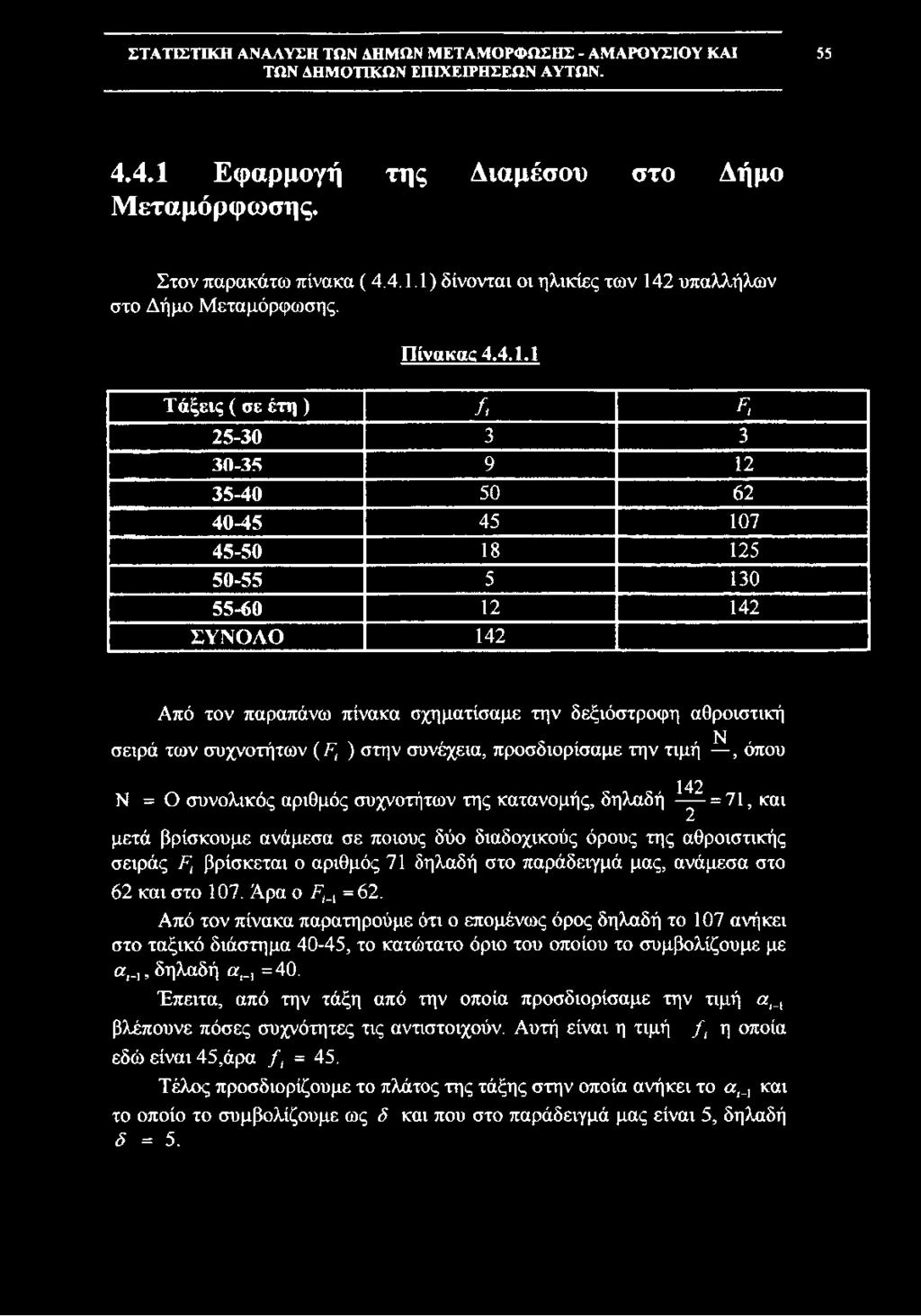κατανομής, δηλαδή - y = 71, και μετά βρίσκουμε ανάμεσα σε ποιους δύο διαδοχικούς όρους της αθροιστικής σειράς Ft βρίσκεται ο αριθμός 71 δηλαδή στο παράδειγμά μας, ανάμεσα στο 62 και στο 107.