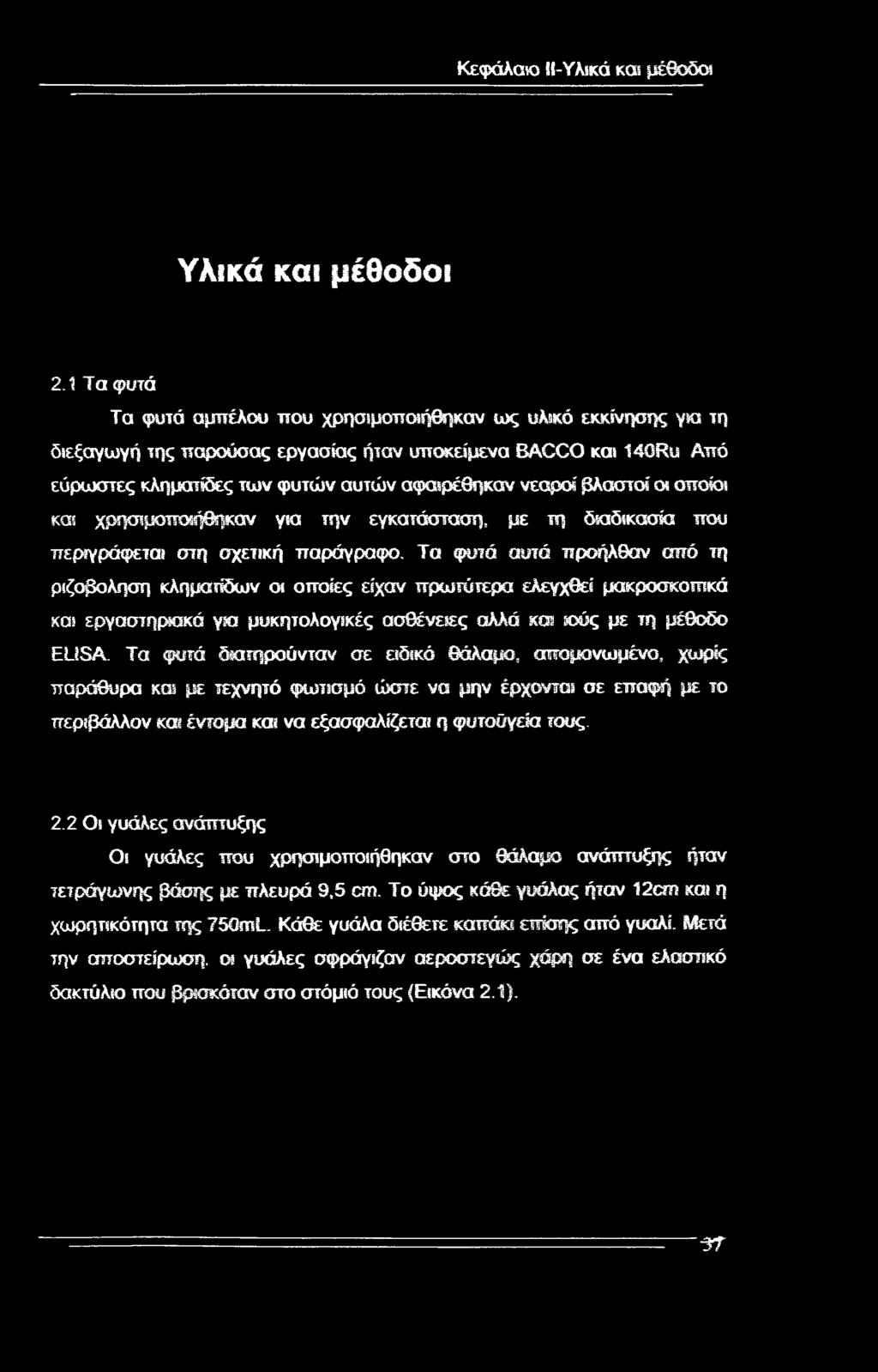 Τα φυτά αυτά προήλθαν από τη ριζοβοληση κληματίδων os οποίες είχαν πρωτύτερα ελεγχθεί μακροσκοπικά και εργαστηριακά για μυκητολογικές ασθένειες αλλά και ιούς με τη μέθοδο EUSA.