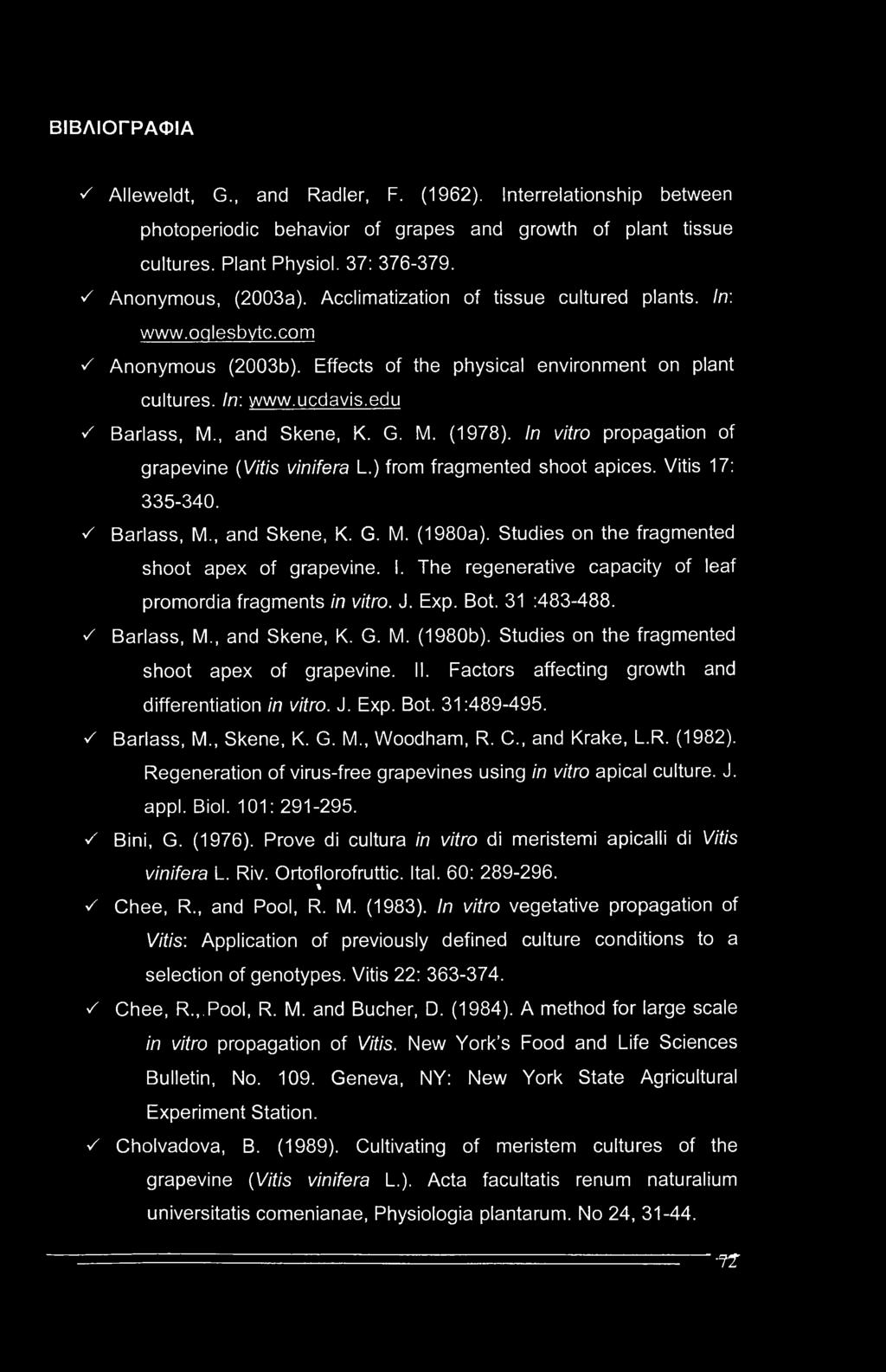 ΒΙΒΛΙΟΓΡΑΦΙΑ ν' Alleweldt, G., and Radler, F. (1962). Interrelationship between photoperiodic behavior of grapes and growth of plant tissue cultures. Plant Physiol. 37: 376-379. ν' Anonymous, (2003a).