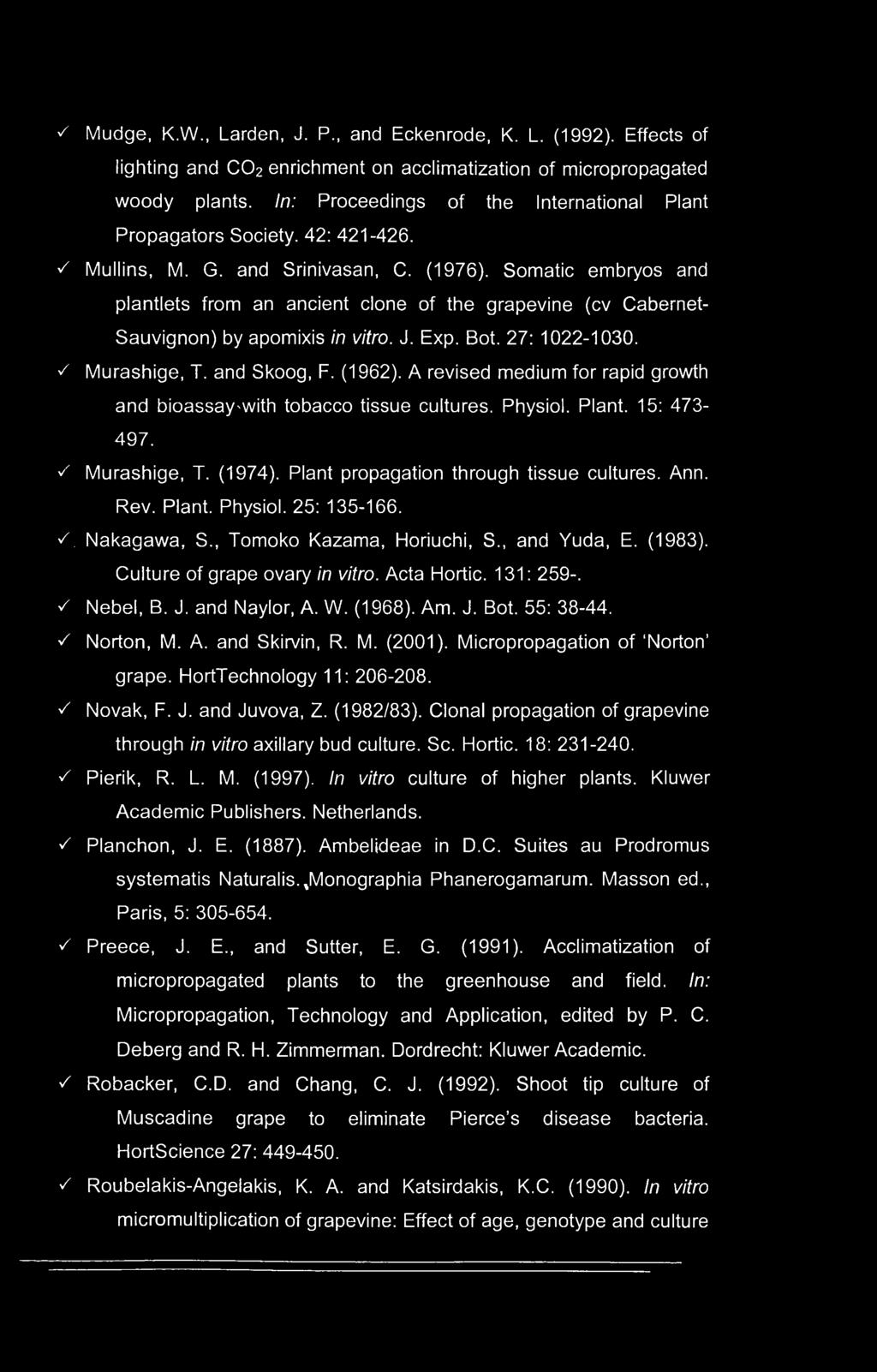 Somatic embryos and plantlets from an ancient clone of the grapevine (cv Cabernet- Sauvignon) by apomixis in vitro. J. Exp. Bot. 27: 1022-1030. Y Murashige, T. and Skoog, F. (1962).