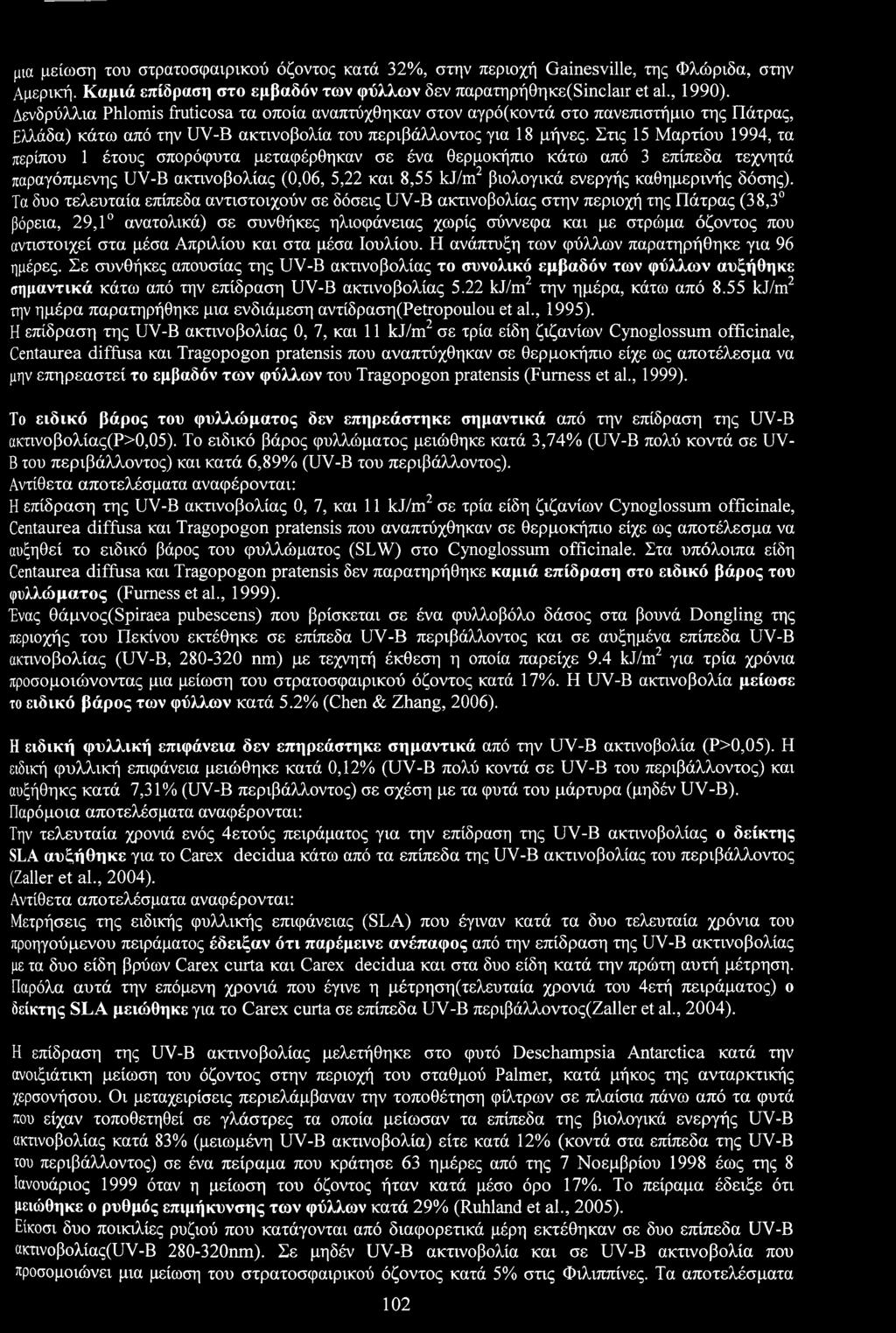 Στις 15 Μαρτίυ 1994, τα περίπυ 1 έτυς σπρόφυτα μεταφέρθηκαν σε ένα θερμκήπι κάτω από 3 επίπεδα τεχνητά παραγόπμενης UV-B ακτινβλίας (0,06, 5,22 και 8,55 kj/m2 βιλγικά ενεργής καθημερινής δόσης).