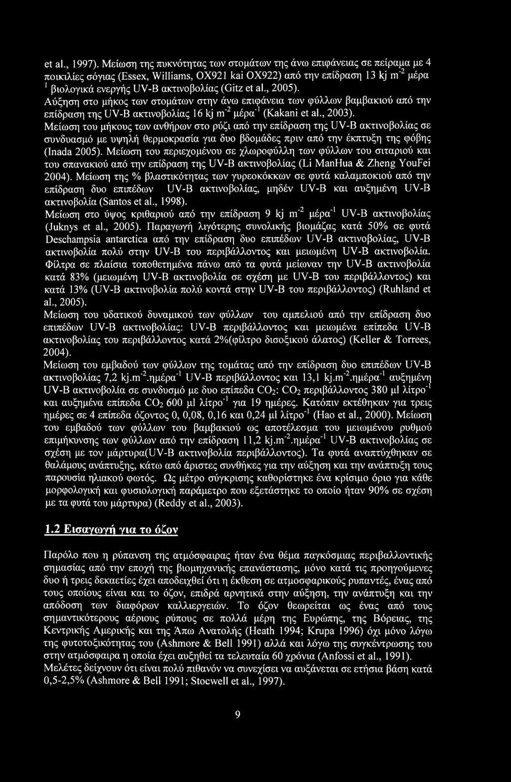 , 25). Αύξηση στ μήκς των στμάτων στην άνω επιφάνεια των φύλλων βαμβακιύ από την επίδραση της UV-B ακτινβλίας 16 kj m"2 μέρα"1 (Kakani et al., 23).