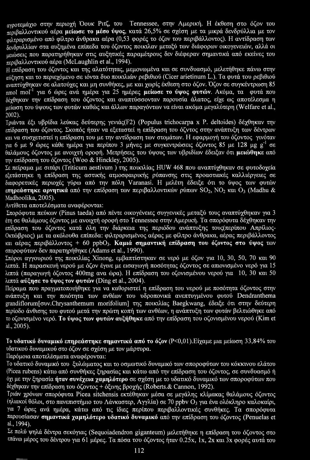 Η αντίδραση των δενδρυλλίων στα αυξημένα επίπεδα τυ όζντς πίκιλαν μεταξύ των διάφρων ικγενειών, αλλά ι μειώσεις πυ παρατηρήθηκαν στις αυξητικές παραμέτρυς δεν διέφεραν σημαντικά από εκείνες τυ