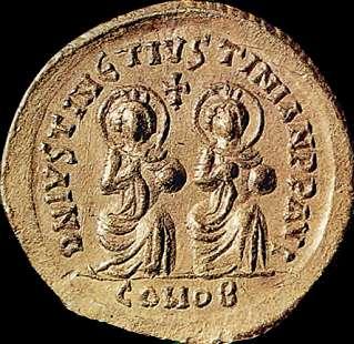 Ιουστίνος και Ιουστινιανός Χρυσό νόμισμα του Ιουστίνου Α και του Ιουστινιανού Α ως συναυτοκράτορες (Λονδίνο, Βρετανικό Μουσείο). Απεικονίζονται με Άλω (φωτοστέφανο).