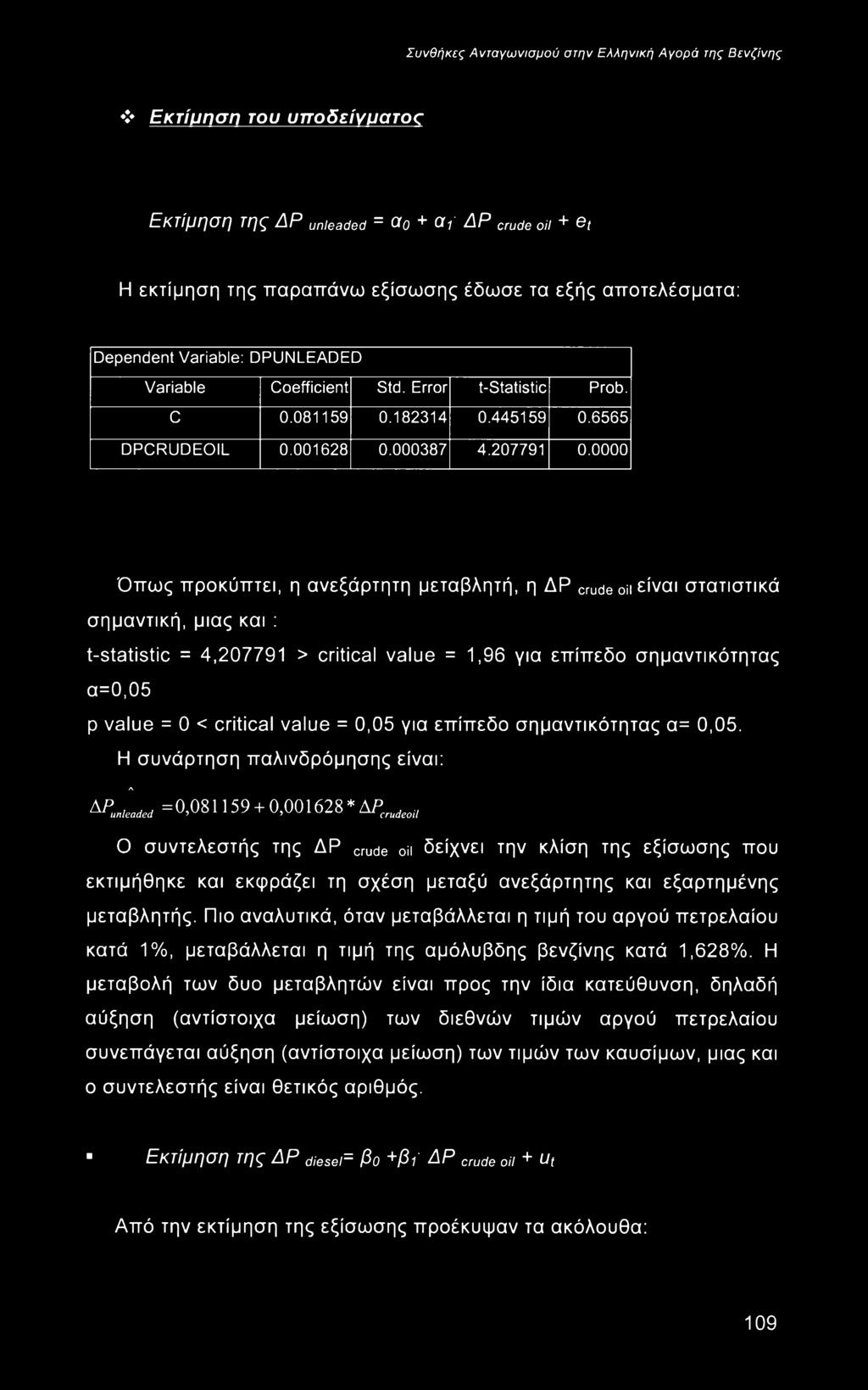 0000 Όπως προκύπτει, η ανεξάρτητη μεταβλητή, η ΔΡ crude οΐι είναι στατιστικά σημαντική, μιας και : t-statistic = 4,207791 > critical value = 1,96 για επίπεδο σημαντικότητας α=0,05 ρ value = 0 <