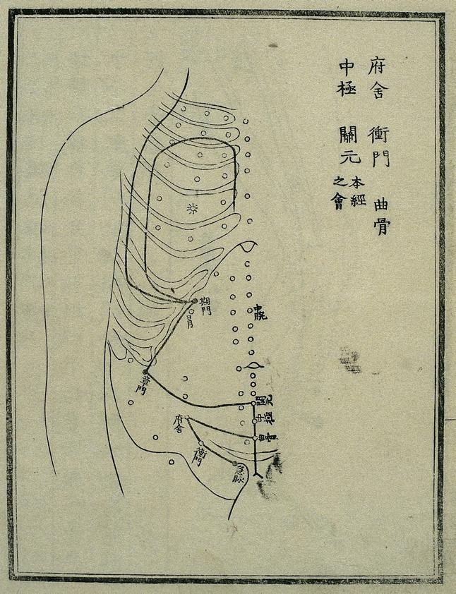 Μεσηµβρινός Ήπατος Acu-moxa chart: Liver channel in the thorax and abdomen Woodblock illustration from a work on 'Chinese' medicine by the 18th century Japanese physician Hara Masakatsu, published in
