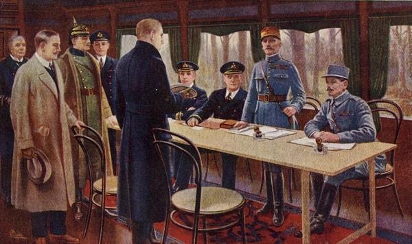 Αναπαράσταση της υπογραφής ανακωχής στις 11/11/1918, 5.15 π.μ., στο wagon-salon του αρχιστράτηγου Foch.