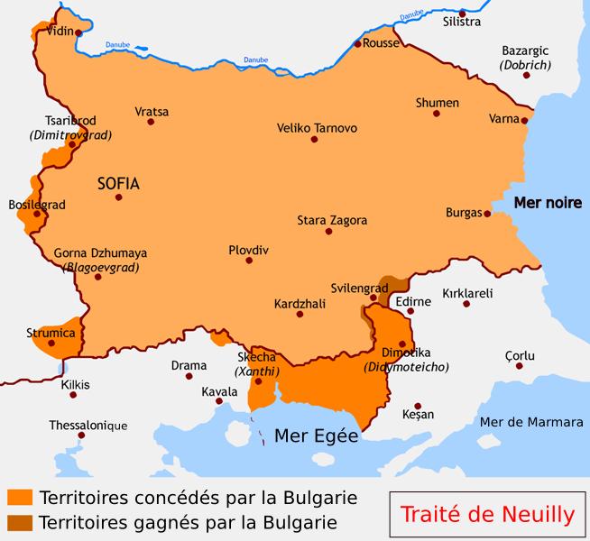Η Βουλγαρία υποχρεούται, μεταξύ άλλων, να παραιτηθεί από κάθε διεκδίκησή της στην ανατολική Μακεδονία να εγκαταλείψει τη δυτική Θράκη, να προβεί σε