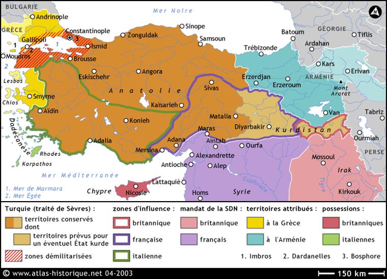 Τουρκία (Συνθήκη Σεβρών): Ζώνες επιρροής: Υπό εντολής της ΚτΕ : Απόδοση εδαφών: Κτήσεις: διατηρημένα εδάφη εκ των οποίων εδάφη προβλεπόμενα για Ένα ενδεχόμενο