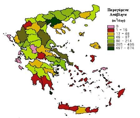 Το δυναµικό των περιφερειακών ενοτήτων της Ελλάδας όσον αφορά τις παραγόµενες ποσότητες κτηνοτροφικών αποβλήτων, παρουσιάζεται στο Χάρτη 17. Χάρτής 17.