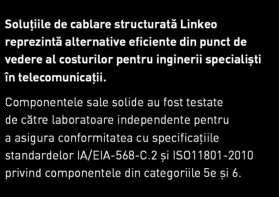 conformitatea cu specificațiile standardelor IA/EIA-568-C.2 și ISO11801-2010 privind componentele din categoriile 5e și 6.