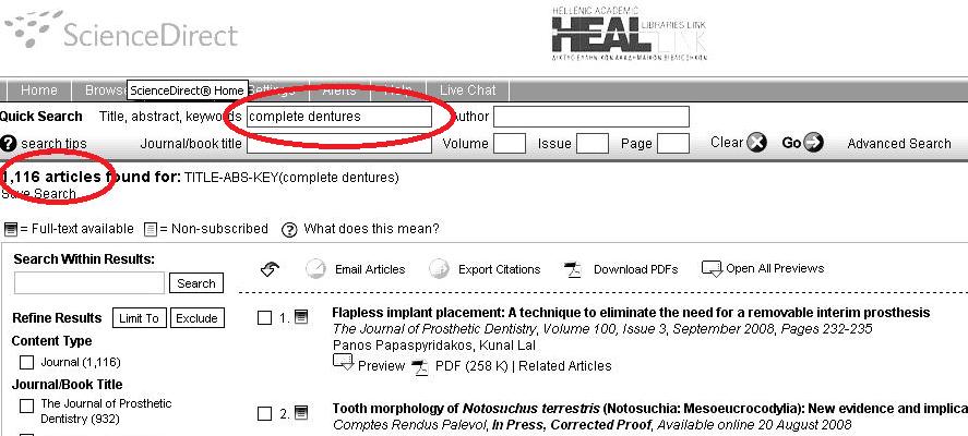 Για την ανεύρεση άρθρων µπορούν να εισαχθούν λέξεις κλειδιά στη θέση Title, abstract, keywords ή το όνοµα του συγγραφέα στη θέση Author ή πληροφορίες για το περιοδικό στη θέση Journal, Issue, Page.