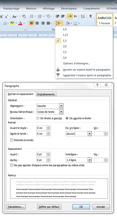 2.1.2.6 Réglage de l interligne Paramètres recommandés Options d