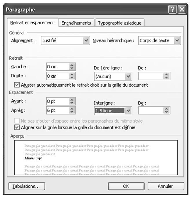 : 0pt/6pt ou 3pt/3pt. notes de bas de page : interligne simple 11 ou 12 points.