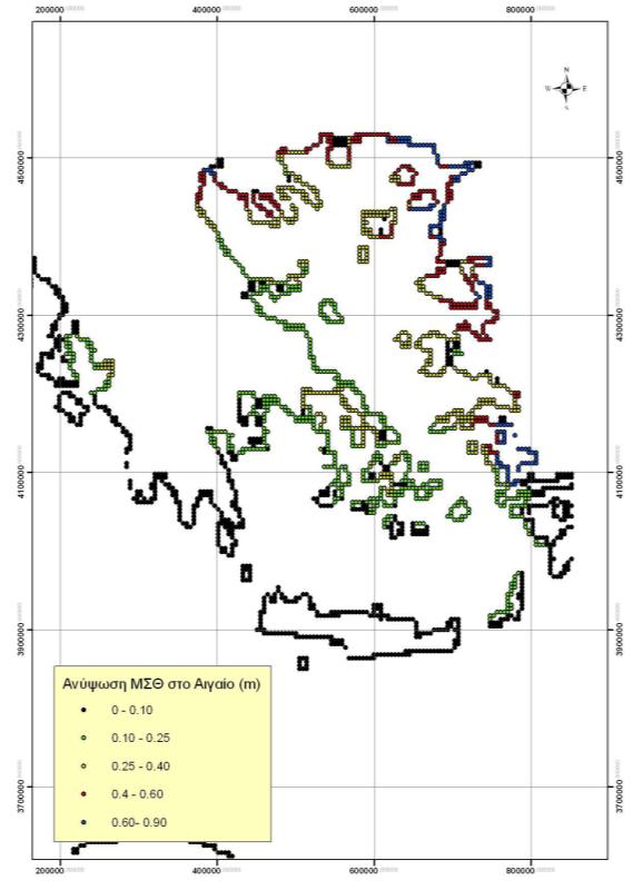 5.4 Αποτελέσματα παράκτιας ζώνης Ανύψωση ΜΣΘ από μετεωρολογική παλίρροια Η ανύψωση της ΜΣΘ εκτιμήθηκε για περίοδο επαναφοράς 5 ετών.