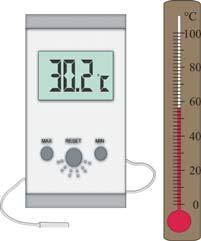 маса тела на тасу очитава на дигиталном дисплеју Тачност електронске ваге је једнака реду величине последње цифре на дисплеју Мерење температуре Температура се мери термометрима са течношћу или