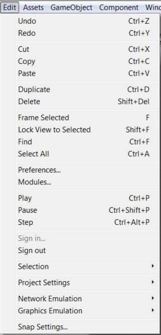 Unity Editor #03 Κεντρικό Μενού: Edit Συνεχίζουμε λοιπόν με το κεντρικό μενού. Ας δούμε τι μας κρύβει η επιλογή Edit. Όπως βλέπεις στην εικόνα, μας δίνει πολλές δυνατότητες.