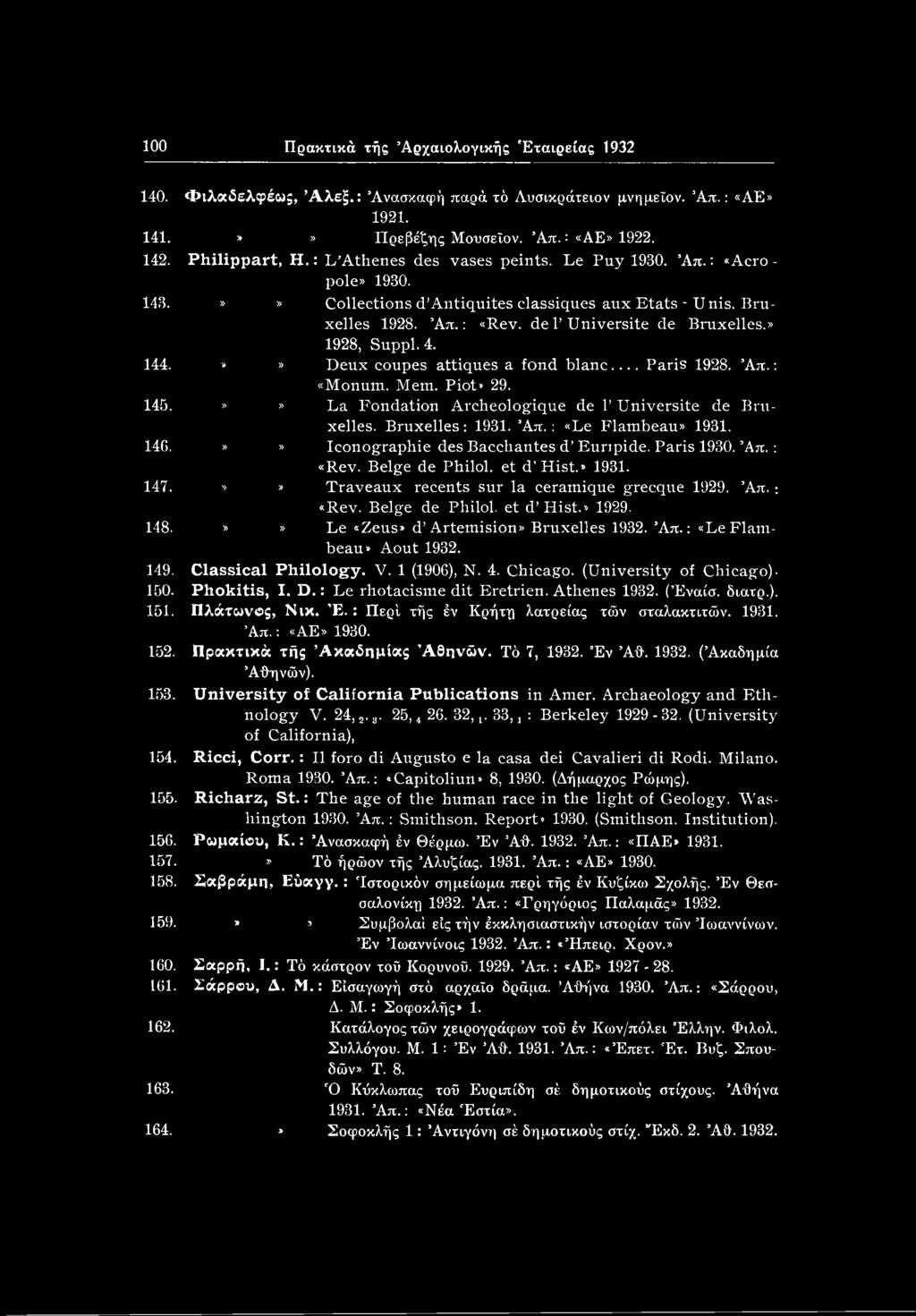 et d'hist.» 1931.»» Traveaux recents sur la ceramique grecque 1929. Άπ. : «Rev. Beige de Philol. et d Hist.» 1929.»» Le «Zeus» d Artemision» Bruxelles 1932. Άπ.: «Le Flambeau» Aout 1932.