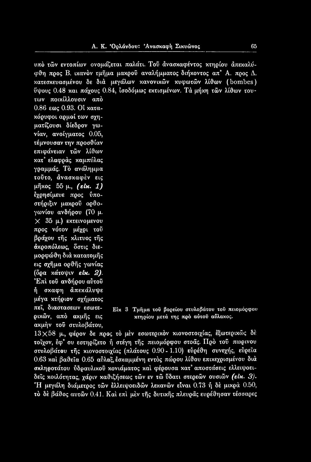 Οί κατα- κόρυφοι αρμοί των σχη- ματίζουσι δίεδρον γωνίαν, ανοίγματος 0.05, τέμνουσαν την προσθίαν επιφάνειαν τών λίθων κατ ελαφράς καμπΰλας γραμμάς. Τό ανάλημμα ταΰτο, άνασκαφέν εις μήκος 55 μ., (είκ.