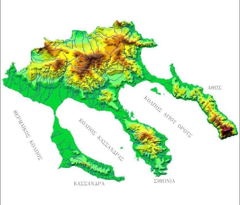 4.1.2 Γεωμορφολογία Γεωμορφολογικά η Χαλκιδική μπορεί να διαχωριστεί σε δυο διαφορετικά τμήματα, αποτέλεσμα της τεκτονικής.