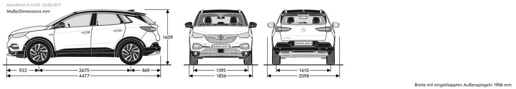 Τεχνικά Χαρακτηριστικά νέου Opel Grandland X 6 Διαστάσεις οχήµατος σε mm Μήκος Πλάτος (+/- εξωτερικούς καθρέπτες) Συνολικό ύψος (στο απόβαρο) Μεταξόνιο Μετατρόχιο, εµπρός/πίσω Κύκλος στροφής σε m Από
