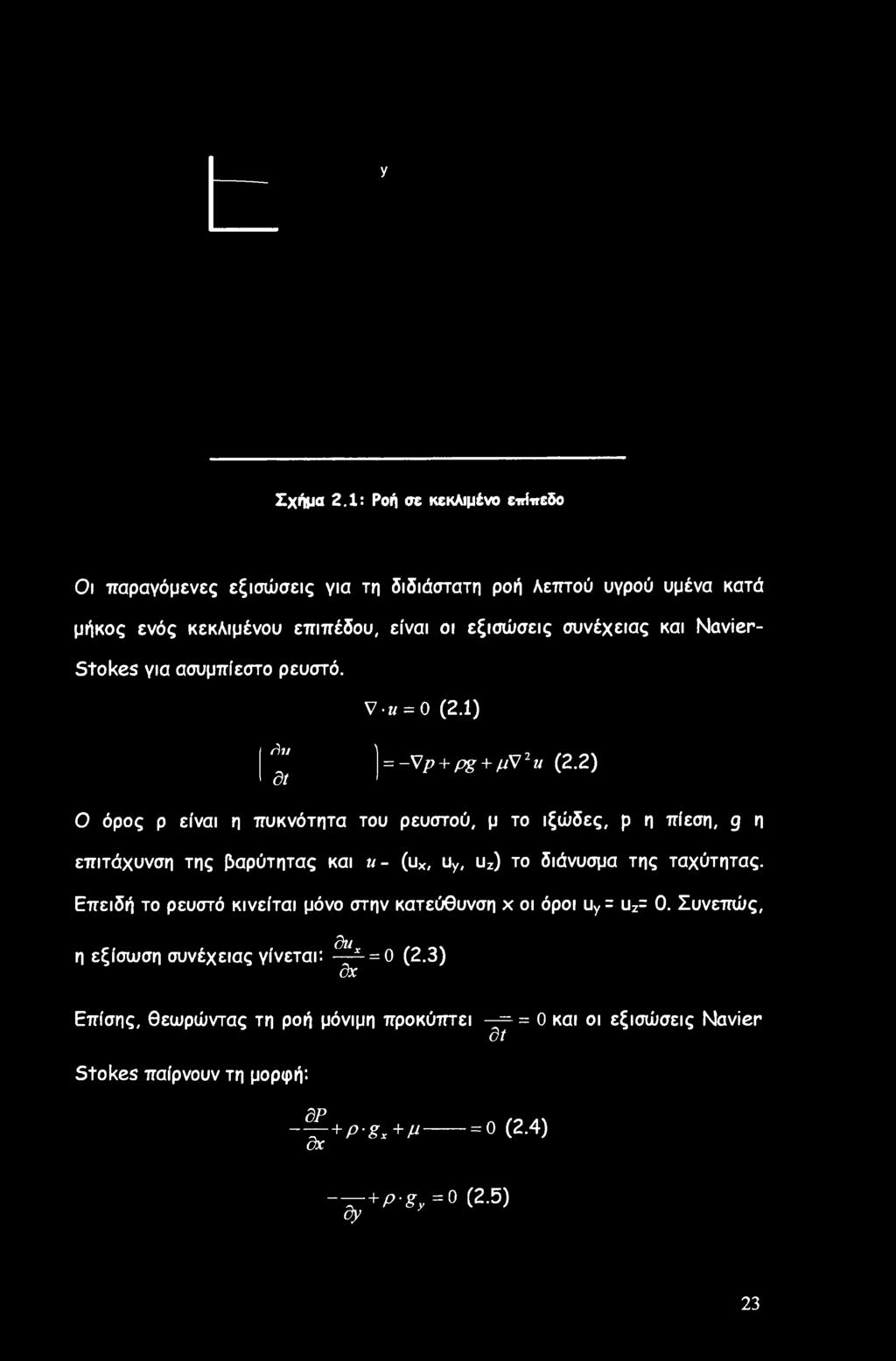 Navier- Stokes για ασυμπίεστο ρευστό. V-«= 0 (2.1) ί)ΐ! λ = -V/? + pg + //V2w (2.