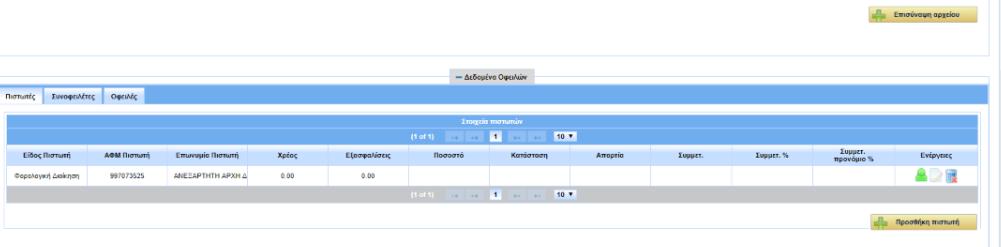 Πεδίο εισαγωγής των δεδομένων οφειλών : Προσθήκη πιστωτών Προσθήκη συνοφειλετών Ανάλυση οφειλών 1. Επιλέγω το πεδίο πιστωτές 8.