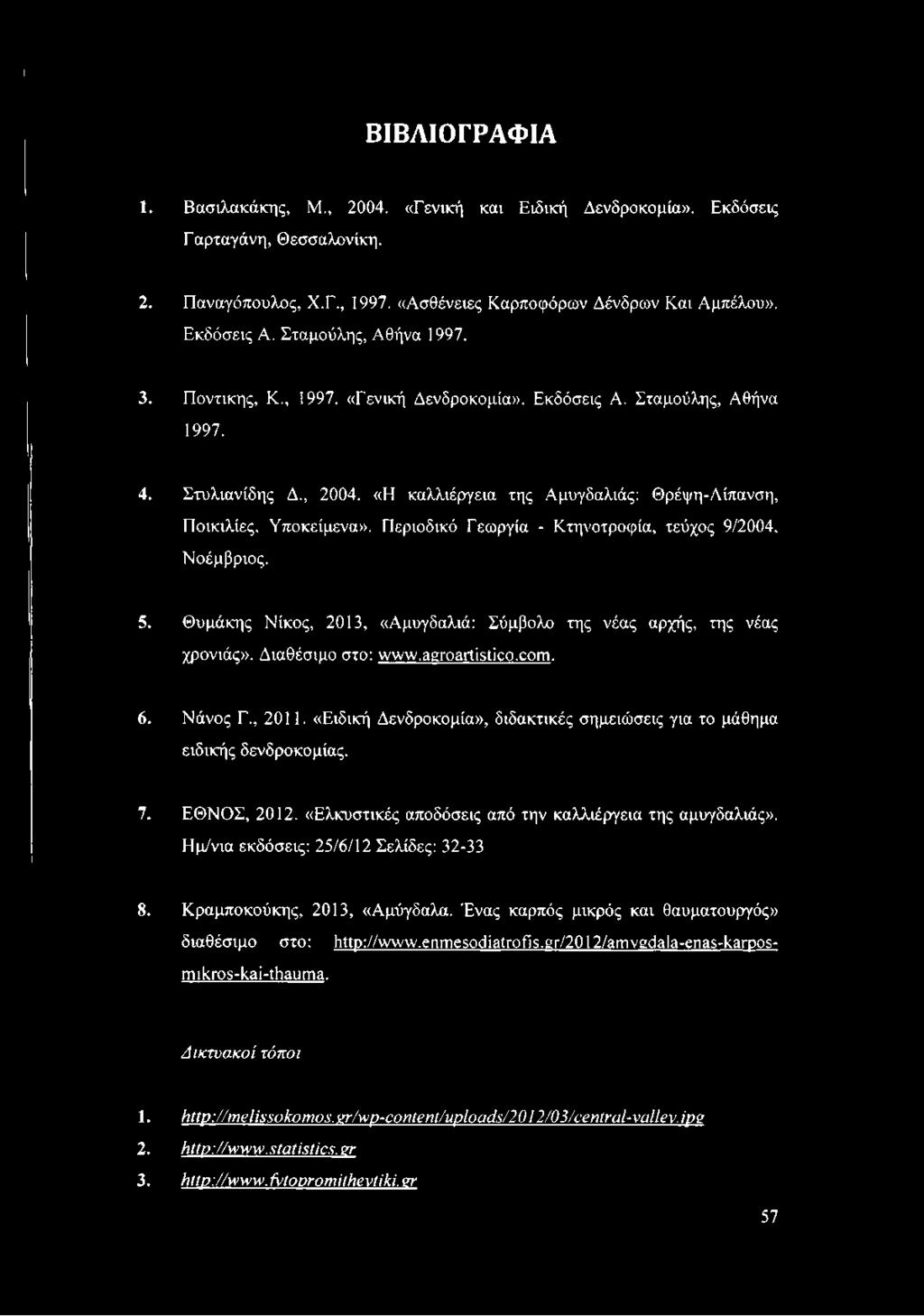Περιοδικό Γεωργία - Κτηνοτροφία, τεύχος 9/2004, Νοέμβριος. 5. Θυμάκης Νίκος, 2013, «Αμυγδαλιά: Σύμβολο της νέας αρχής, της νέας χρονιάς». Διαθέσιμο στο: www.agroartistico.com. 6. Νάνος Γ., 2011.