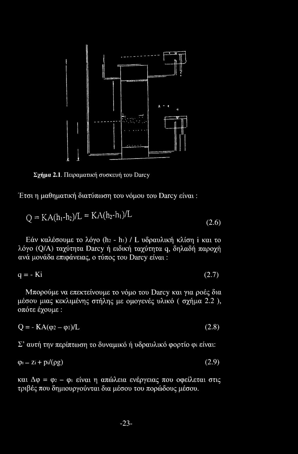 Κϊ (2.7) Μπορούμε να επεκτείνουμε το νόμο του Darcy και για ροές δια μέσου μιας κεκλιμένης στήλης με ομογενές υλικό ( σχήμα 2.2 ), οπότε έχουμε : Q = - ΚΑ(φ2 - cpi)/l (2.