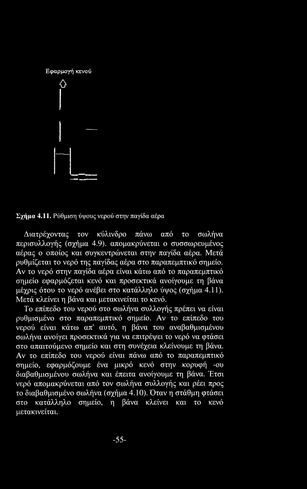 Αν το νερό στην παγίδα αέρα είναι κάτω από το παραπεμπτικό σημείο εφαρμόζεται κενό και προσεκτικά ανοίγουμε τη βάνα μέχρις ότου το νερό ανέβει στο κατάλληλο ύψος (σχήμα 4.11).